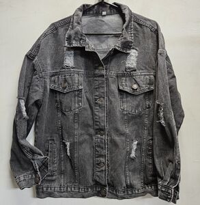 Womens Distressed Black Punk Rocker Jean Jacket Large Oversized Fall Autumn